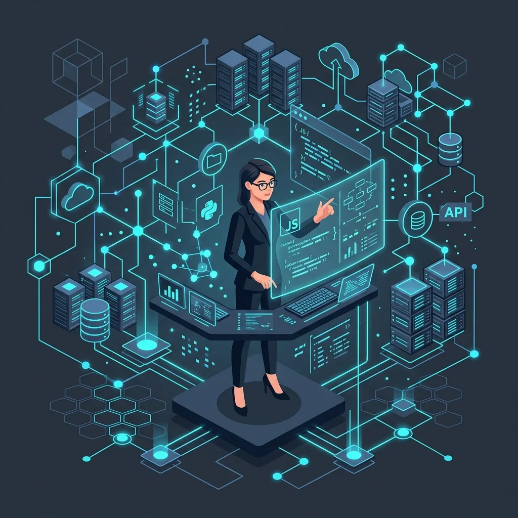 Enterprise Software Systems and API Architecture Diagram Illustration
