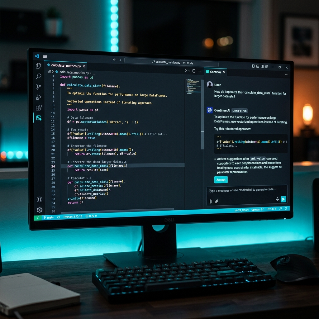 VS Code screen displaying the Continue extension and code panel